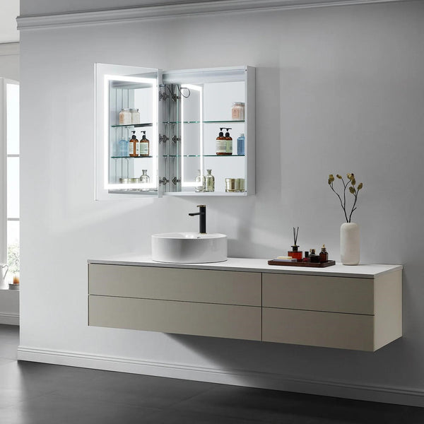 the Europa I Lighted Bathroom Cabinet Vanity Mirror adds the finishing touch to a contemporary bathroom design -- Modern Mirrors