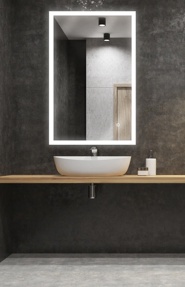 Rectangle LED bathroom vanity mirror on grey wall — Modern Mirrors